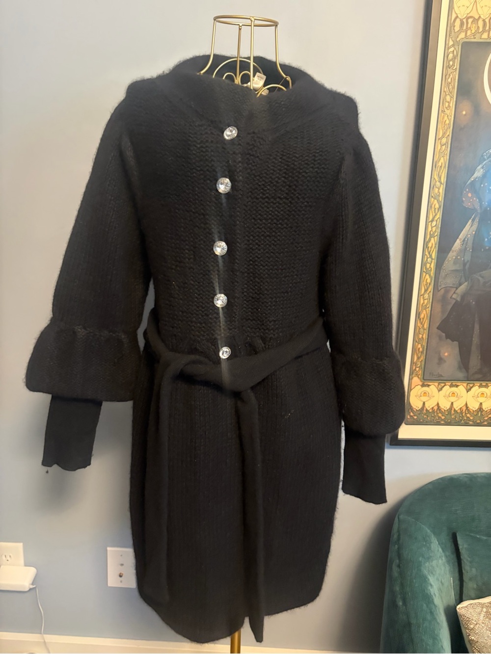 Alice and Olivia Black Knit Belted Coat with Decorative Buttons